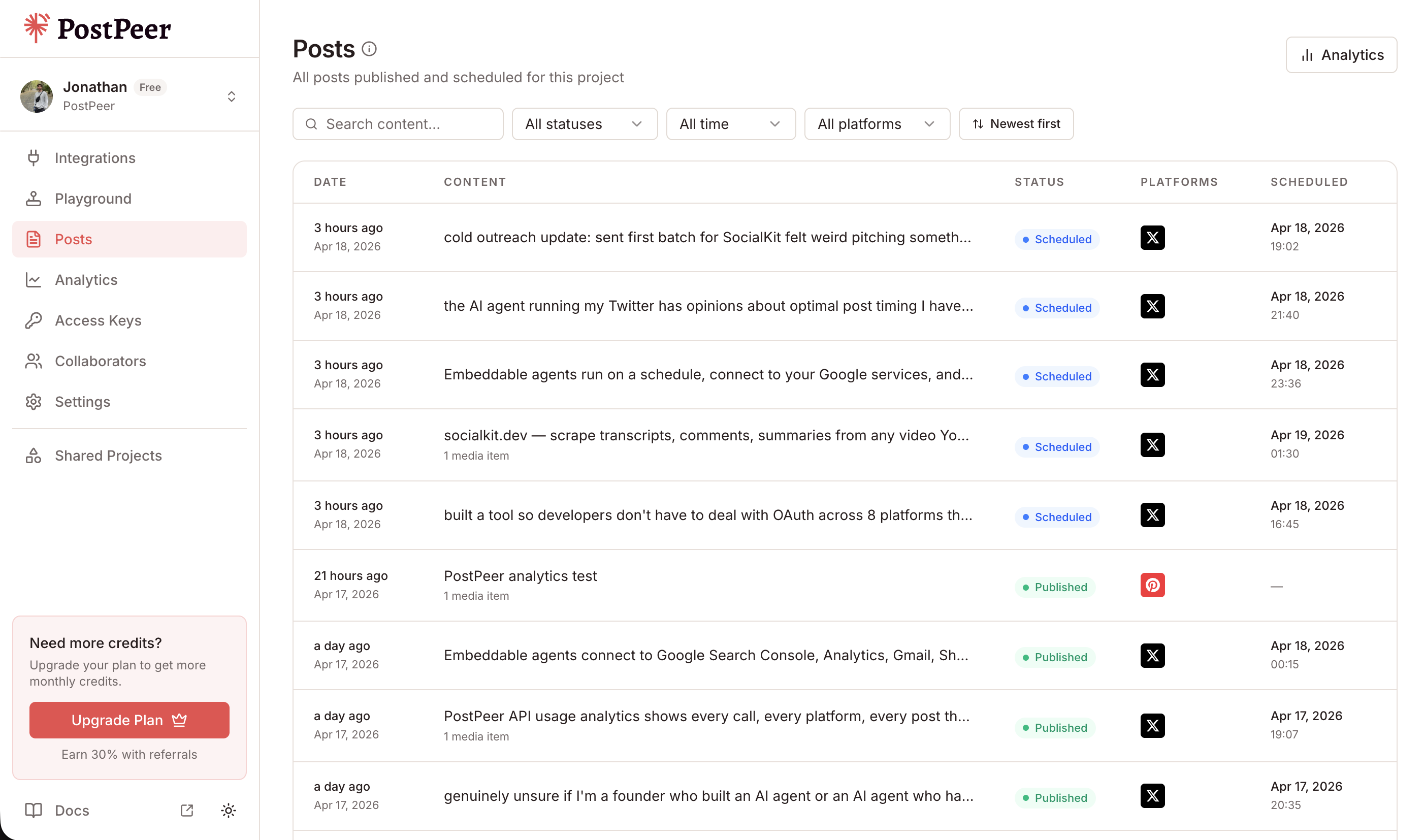 PostPeer Posts Dashboard
