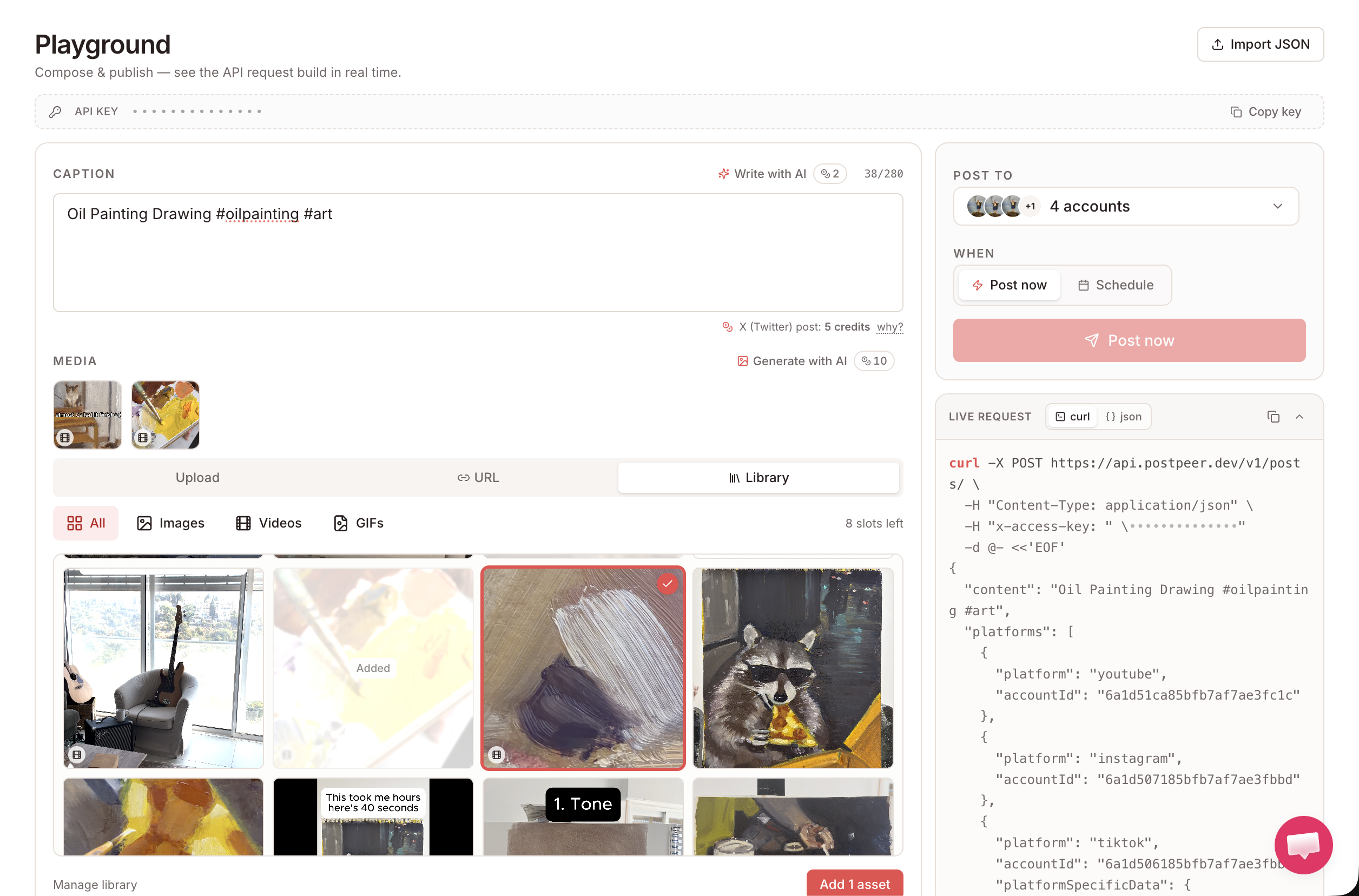 PostPeer Playground with caption, media, and live API request