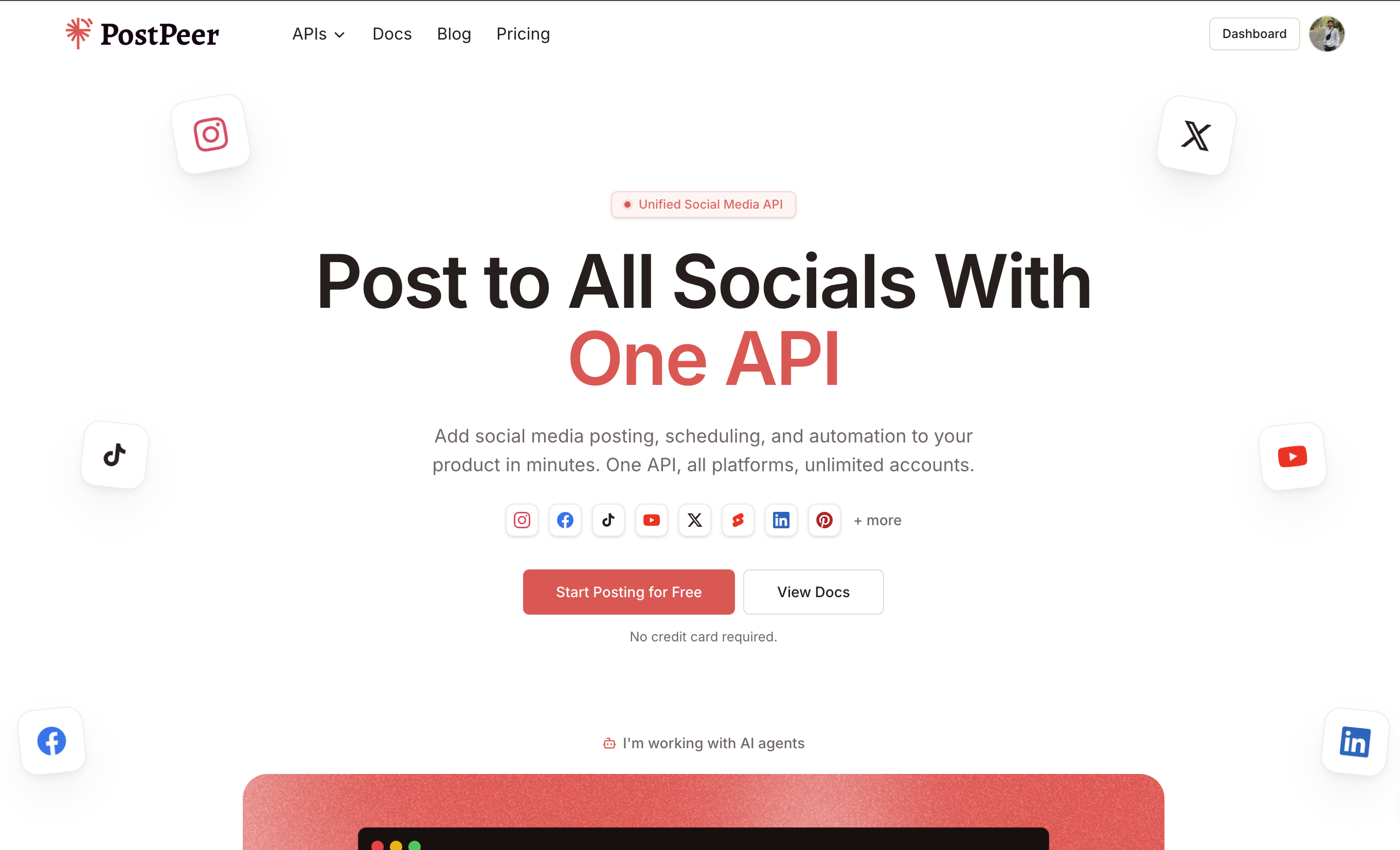 PostPeer homepage with Dashboard button visible