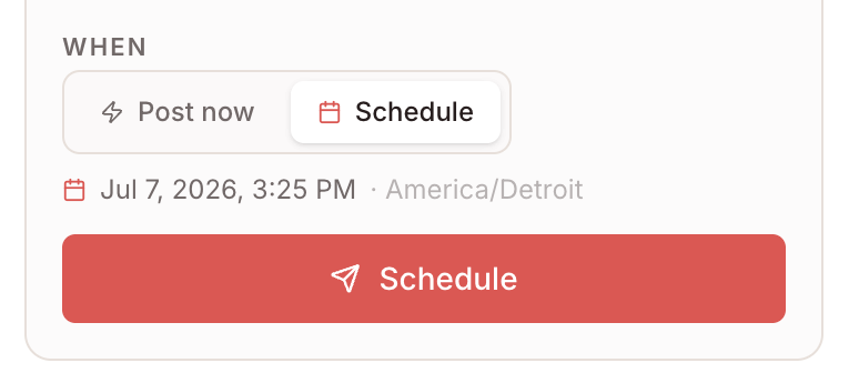 PostPeer schedule picker showing date and time selector