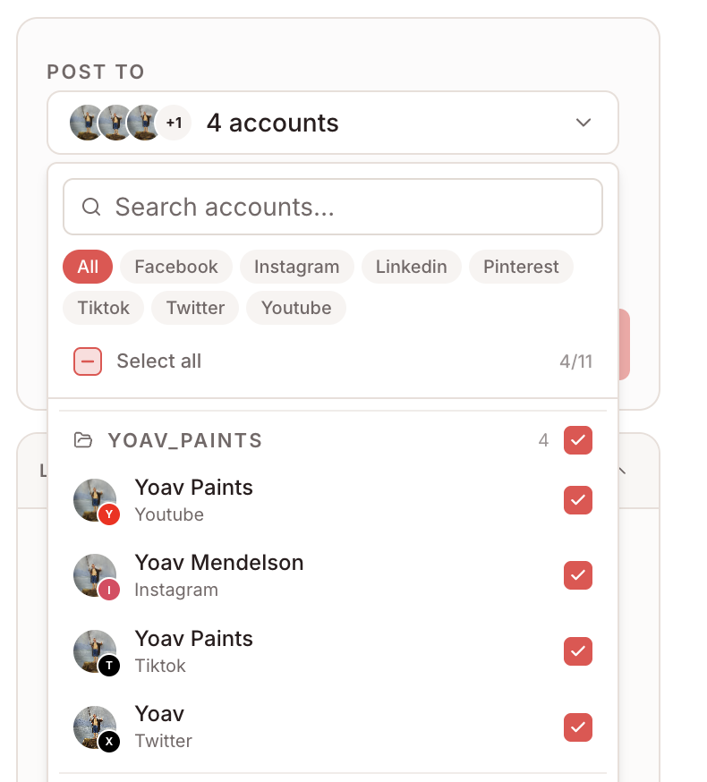 PostPeer account selector showing multiple platforms and profiles
